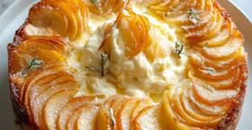 Gâteau pommes mascarpone ultra fondant, doré sur les bords, garni de fines lamelles de pommes légèrement caramélisées, texture crémeuse visible à la découpe sur une assiette claire.