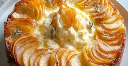 Gâteau pommes mascarpone ultra fondant, doré sur les bords, garni de fines lamelles de pommes légèrement caramélisées, texture crémeuse visible à la découpe sur une assiette claire.