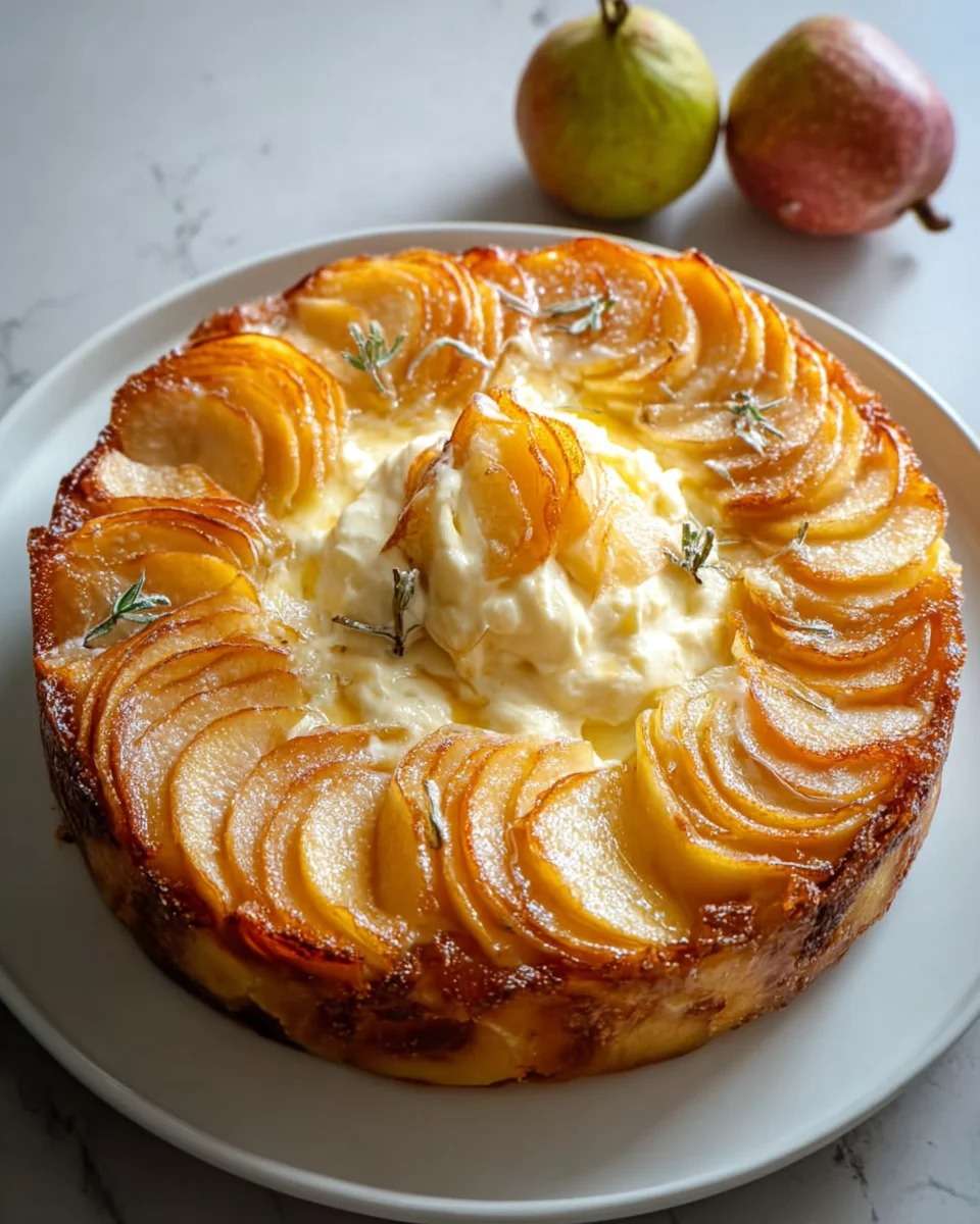 Gâteau pommes mascarpone ultra fondant, doré sur les bords, garni de fines lamelles de pommes légèrement caramélisées, texture crémeuse visible à la découpe sur une assiette claire.