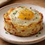 Gratin de pâtes crémeuses légèrement dorées sur les bords, avec un œuf au jaune coulant au centre, parsemé de ciboulette fraîche dans un ramequin en céramique.