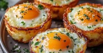 Muffins de pommes de terre dorés et croustillants formant des nids, garnis d’un œuf au jaune coulant au centre, parsemés de persil frais dans un moule à muffins.