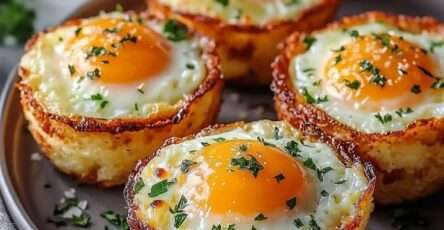 Muffins de pommes de terre dorés et croustillants formant des nids, garnis d’un œuf au jaune coulant au centre, parsemés de persil frais dans un moule à muffins.