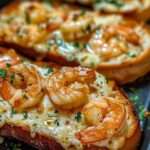 Tartines gratinées aux crevettes dorées à l’ail et fromage fondu, légèrement gratinées et parsemées de persil frais sur une plaque de cuisson.