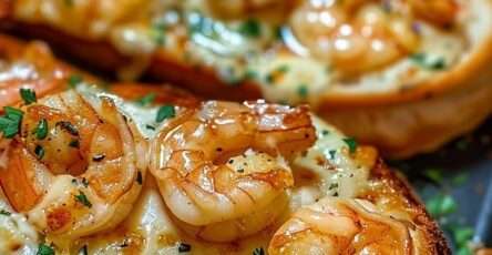 Tartines gratinées aux crevettes dorées à l’ail et fromage fondu, légèrement gratinées et parsemées de persil frais sur une plaque de cuisson.