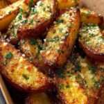 Quartiers de pommes de terre rôties au four, dorés et croustillants, enrobés d’ail et de parmesan gratiné, parsemés de persil frais sur une plaque de cuisson.