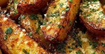 Quartiers de pommes de terre rôties au four, dorés et croustillants, enrobés d’ail et de parmesan gratiné, parsemés de persil frais sur une plaque de cuisson.