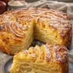 Gâteau ouragan aux pommes coupé en parts, fines tranches de pommes superposées formant un effet tourbillonnant, texture fondante et surface légèrement dorée saupoudrée de sucre glace.