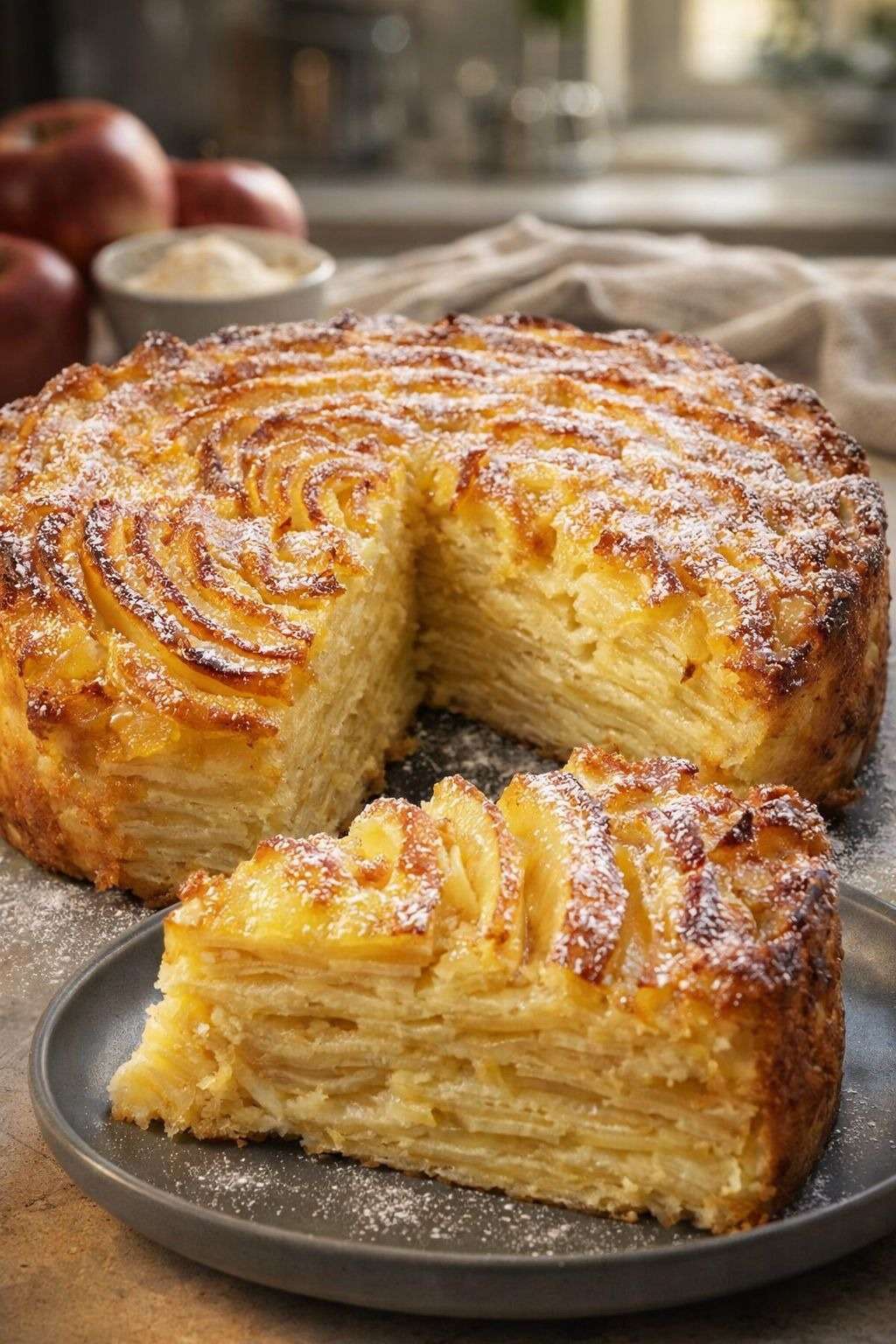 Gâteau ouragan aux pommes coupé en parts, fines tranches de pommes superposées formant un effet tourbillonnant, texture fondante et surface légèrement dorée saupoudrée de sucre glace.