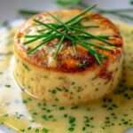 Flan au crabe individuel démoulé sur assiette blanche, nappé de sauce à la ciboulette et zeste de citron, texture fondante et présentation élégante