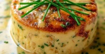 Flan au crabe individuel démoulé sur assiette blanche, nappé de sauce à la ciboulette et zeste de citron, texture fondante et présentation élégante