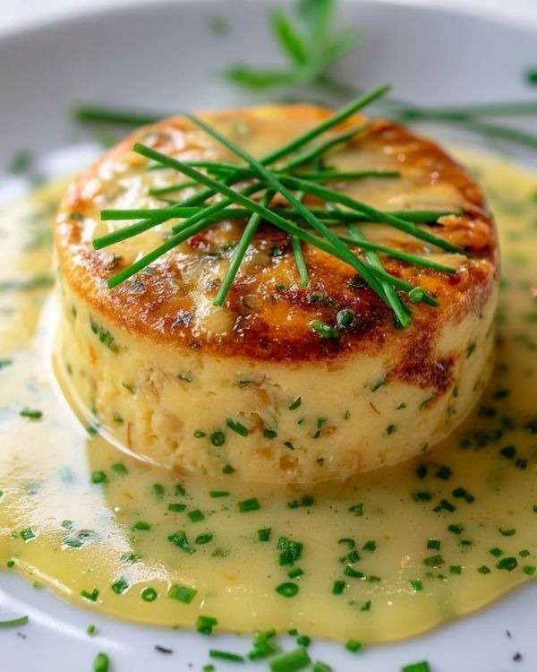 Flan au crabe individuel démoulé sur assiette blanche, nappé de sauce à la ciboulette et zeste de citron, texture fondante et présentation élégante