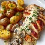 Blancs de poulet à la crèmedorés nappés de sauce crémeuse aux champignons de Paris, servis avec pommes de terre grenaille rôties et persil frais
