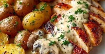 Blancs de poulet à la crèmedorés nappés de sauce crémeuse aux champignons de Paris, servis avec pommes de terre grenaille rôties et persil frais