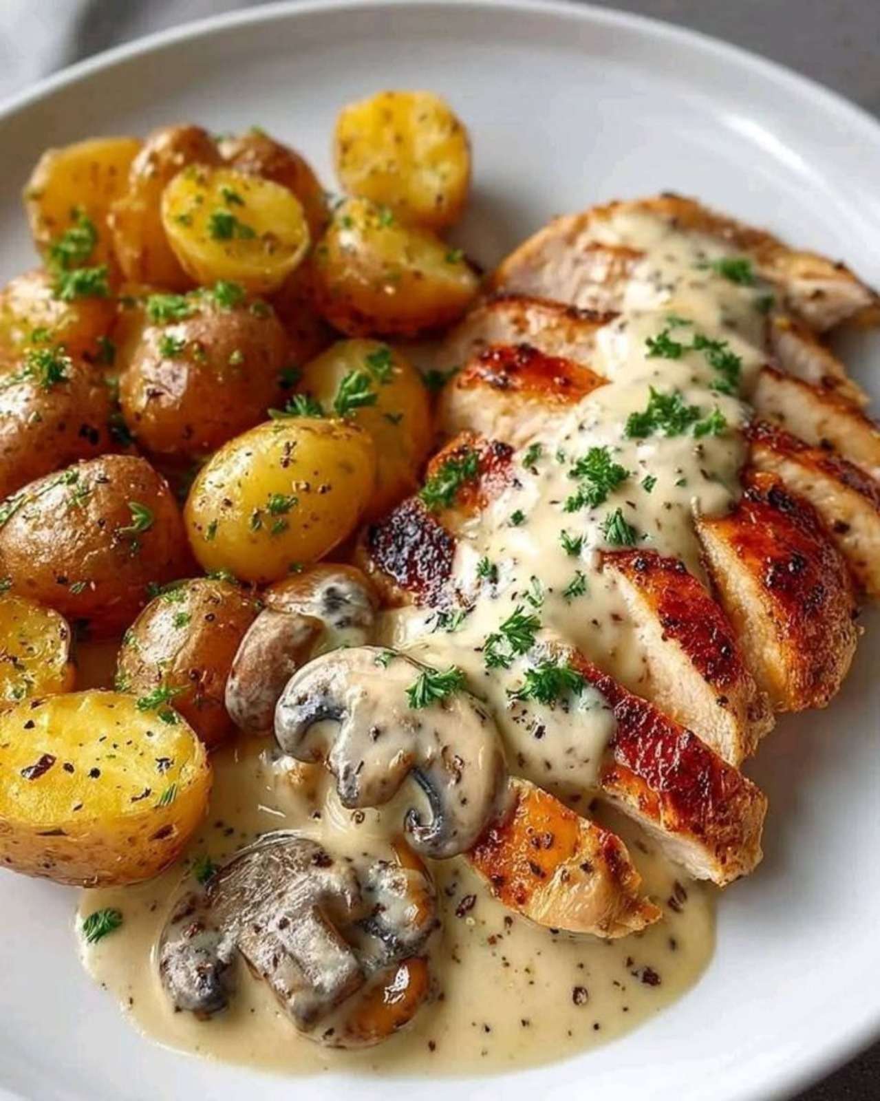 Blancs de poulet à la crèmedorés nappés de sauce crémeuse aux champignons de Paris, servis avec pommes de terre grenaille rôties et persil frais