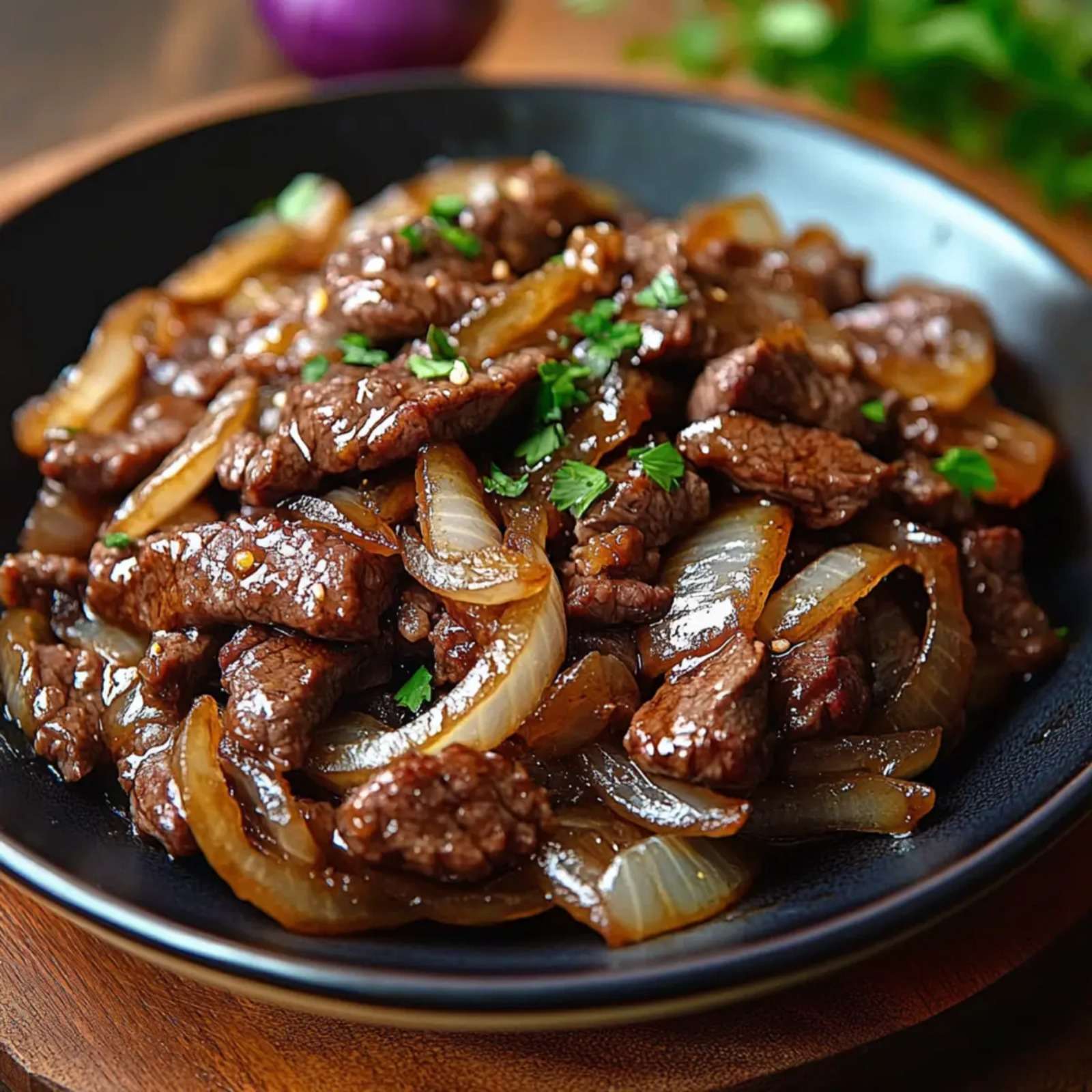 bœuf sauté aux oignons caramélisés dans un wok, sauce brillante à la soja, garnies de ciboule fraîche