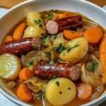 Potée aux saucisses fumées servie en cocotte avec pommes de terre, carottes et chou vert mijotés dans un bouillon parfumé au thym