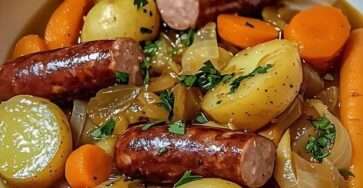 Potée aux saucisses fumées servie en cocotte avec pommes de terre, carottes et chou vert mijotés dans un bouillon parfumé au thym