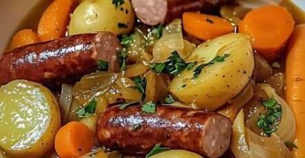 Potée aux saucisses fumées servie en cocotte avec pommes de terre, carottes et chou vert mijotés dans un bouillon parfumé au thym