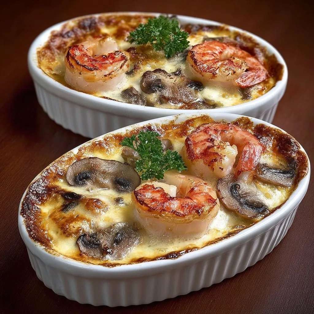 Gratin crémeux aux crevettes et champignons doré au four, fromage fondu et légèrement gratiné en surface, servi en ramequin individuel