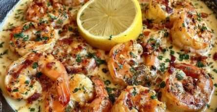 Crevettes poêlées nappées de sauce crémeuse au citron et à l’ail, garnies de persil frais dans une poêle chaude