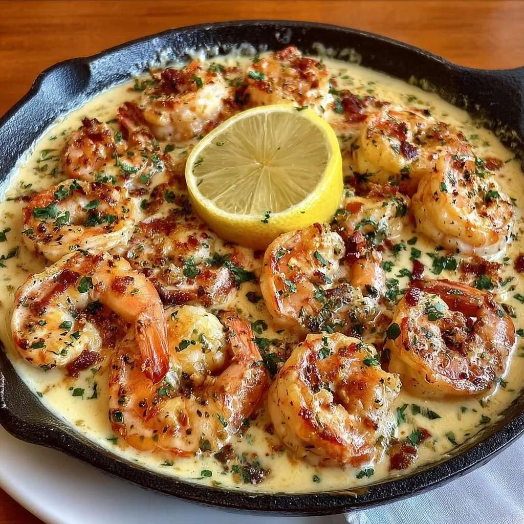 Crevettes poêlées nappées de sauce crémeuse au citron et à l’ail, garnies de persil frais dans une poêle chaude