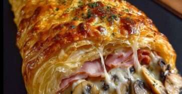 Feuilleté doré aux champignons et jambon tranché, pâte feuilletée croustillante et fromage fondu visible à la découpe