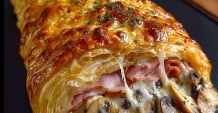 Feuilleté doré aux champignons et jambon tranché, pâte feuilletée croustillante et fromage fondu visible à la découpe
