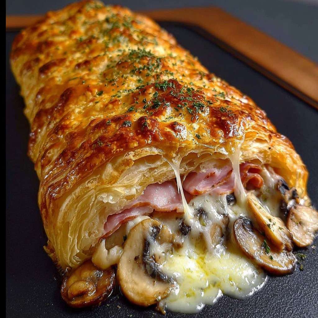 Feuilleté doré aux champignons et jambon tranché, pâte feuilletée croustillante et fromage fondu visible à la découpe