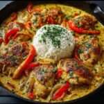 Poulet coco réunionnais mijoté au lait de coco avec poivrons rouges et épices, servi avec riz blanc moelleux