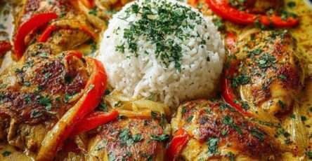 Poulet coco réunionnais mijoté au lait de coco avec poivrons rouges et épices, servi avec riz blanc moelleux