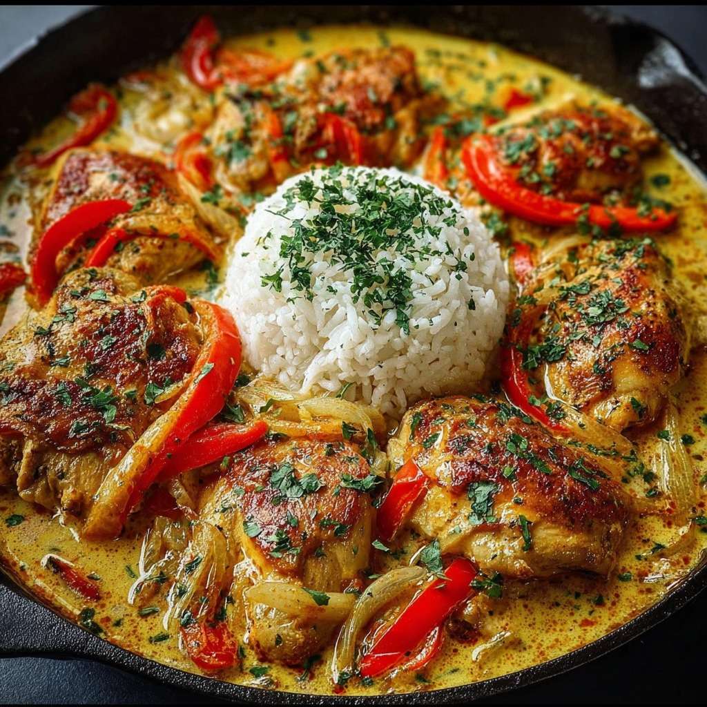 Poulet coco réunionnais mijoté au lait de coco avec poivrons rouges et épices, servi avec riz blanc moelleux