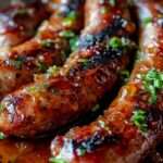 Saucisses glacées grillées nappées d’un glaçage brillant au miel et à l’ail, parsemées d’oignons verts frais, servies chaudes dans une poêle.