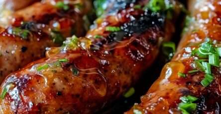 Saucisses glacées grillées nappées d’un glaçage brillant au miel et à l’ail, parsemées d’oignons verts frais, servies chaudes dans une poêle.