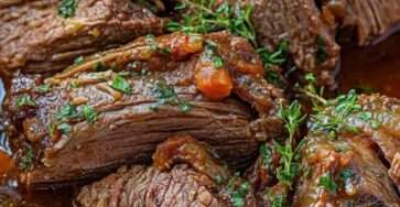 Bœuf braisé au vin rouge servi dans une cocotte, avec morceaux de viande fondants, carottes, sauce sombre brillante, persil frais et thym en finition.