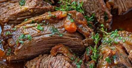 Bœuf braisé au vin rouge servi dans une cocotte, avec morceaux de viande fondants, carottes, sauce sombre brillante, persil frais et thym en finition.