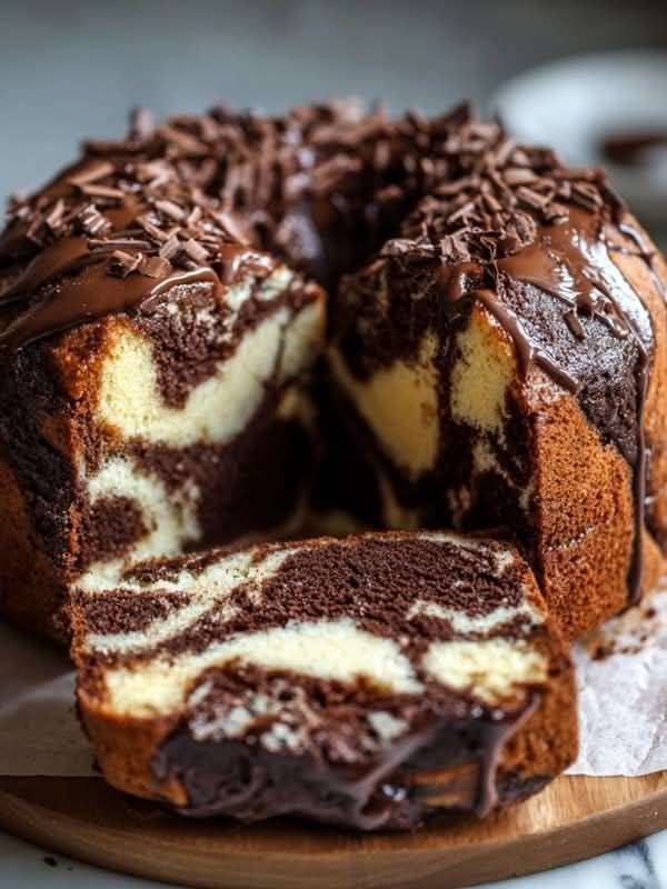 Gâteau marbré à la ricotta et au double chocolat nappé de glaçage au chocolat, décoré de copeaux de chocolat noir, présenté sur une assiette avec une texture moelleuse et un marbrage visible à la découpe.