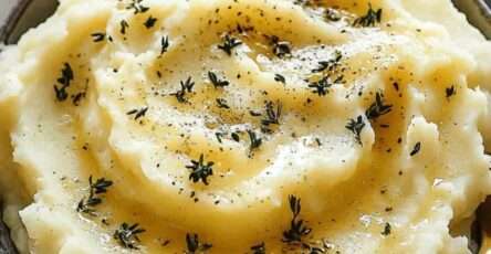 Bol de purée de pommes de terre onctueuse au beurre, décorée de thym frais, avec une texture lisse et crémeuse, légèrement brillante, servie chaude.