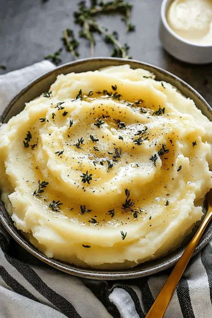 Bol de purée de pommes de terre onctueuse au beurre, décorée de thym frais, avec une texture lisse et crémeuse, légèrement brillante, servie chaude.