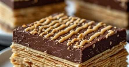 Gâteau Petit Beurre au café monté en couches de biscuits imbibés de café et de crème au beurre, recouvert d’un nappage au chocolat lisse et servi en parts.