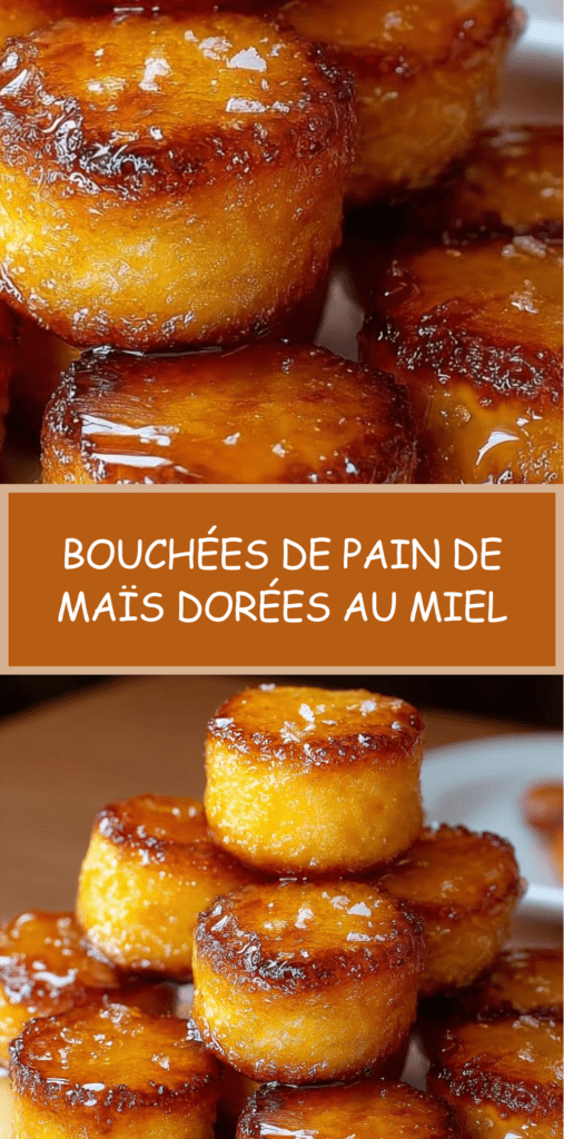 Petites bouchées de pain de maïs dorées, moelleuses à l’intérieur, brillamment glacées au miel et servies chaudes sur une assiette.