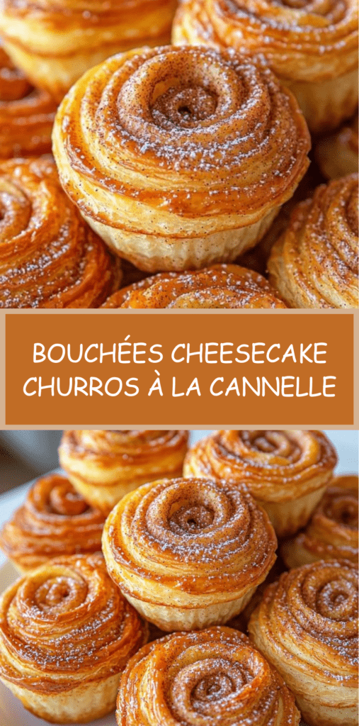 Bouchées cheesecake churros dorées, roulées dans un mélange sucre et cannelle, avec cœur crémeux au fromage frais, servies sur une assiette.