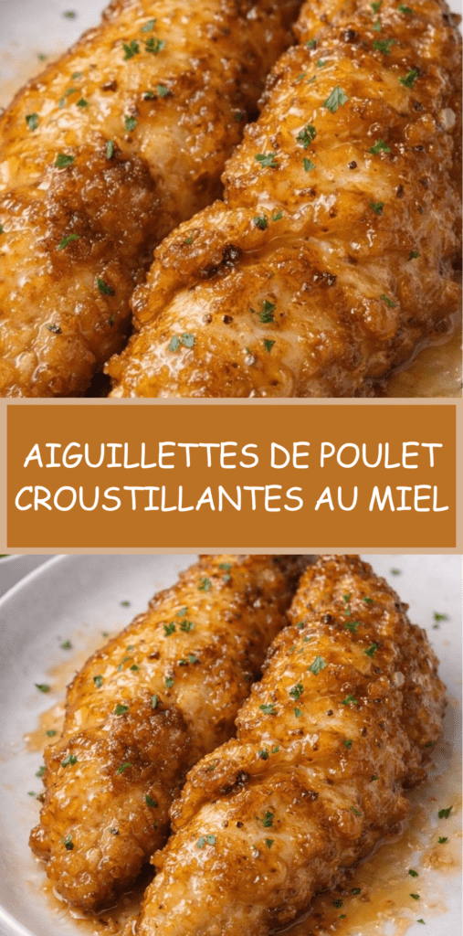 Aiguillettes de poulet panées et dorées, nappées d’une sauce au miel brillante légèrement caramélisée, servies chaudes avec persil frais.