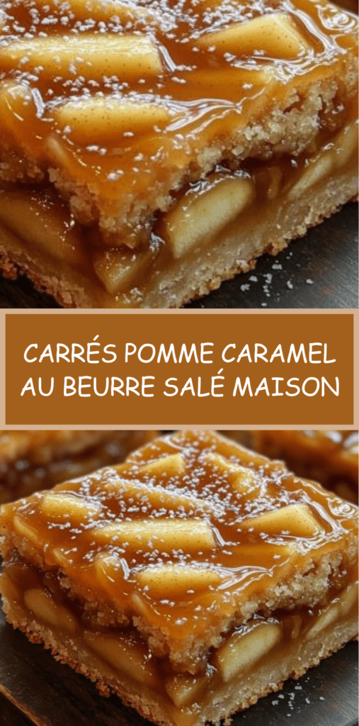 Carrés pommede tarte aux pommes avec base sablée dorée, morceaux de pommes fondants et nappage brillant de caramel au beurre salé.