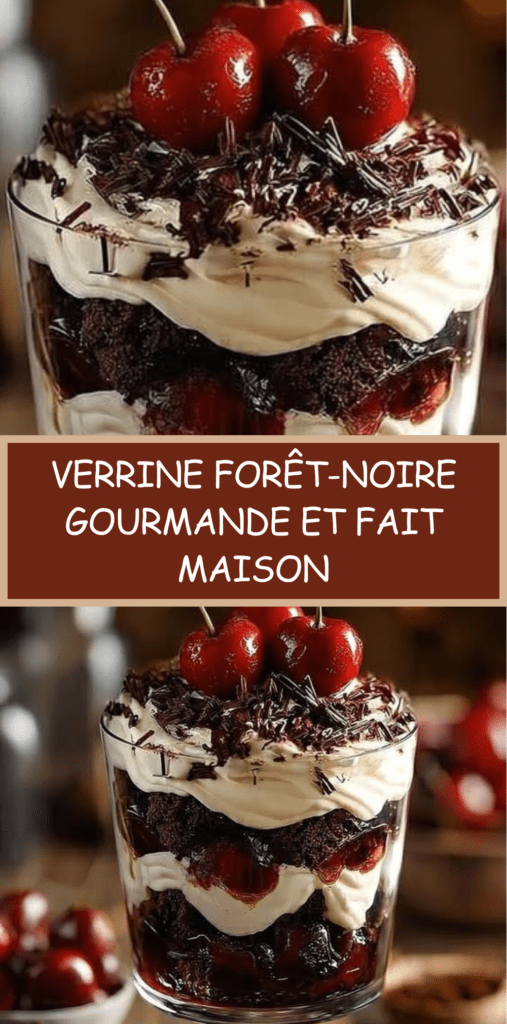 Verrine forêt-noire avec couches de gâteau au chocolat, chantilly maison, cerises juteuses et copeaux de chocolat noir.
