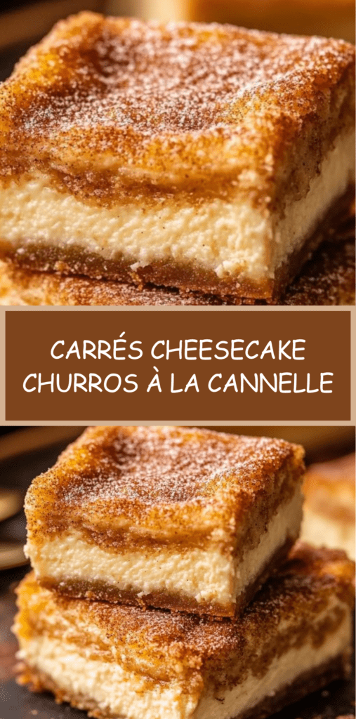 Carrés cheesecake churros dorés avec cœur crémeux au fromage frais et finition sucre-cannelle, servis sur une assiette.
