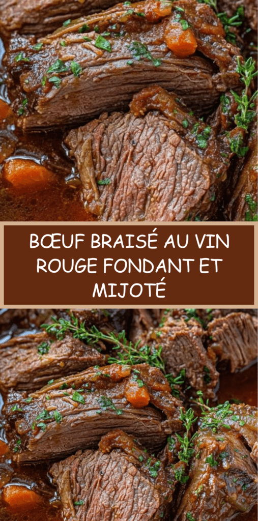 Bœuf braisé au vin rouge servi dans une cocotte, avec morceaux de viande fondants, carottes, sauce sombre brillante, persil frais et thym en finition.
