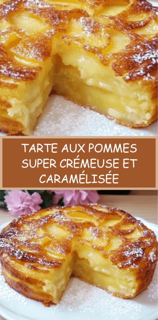 Tarte aux pommes super crémeuse, dorée et légèrement caramélisée, garnie de fines tranches de pommes, saupoudrée de sucre glace sur assiette.