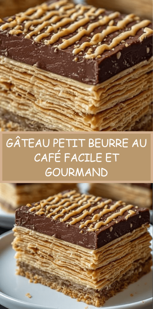Gâteau Petit Beurre au café monté en couches de biscuits imbibés de café et de crème au beurre, recouvert d’un nappage au chocolat lisse et servi en parts.