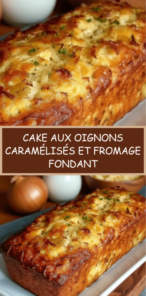Cake aux oignons caramélisés et fromage, tranché sur une planche en bois, avec croûte dorée, accompagné d’une salade verte en arrière-plan.