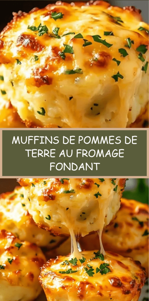 Muffins salés de pommes de terre au fromage, dorés et gonflés, posés sur une grille avec fromage filant, parsemés de persil frais.